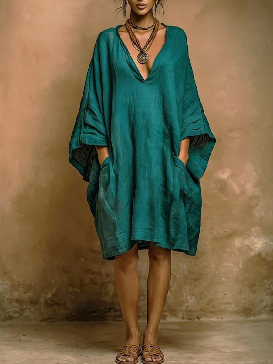 Loose Large V neck Pocket Batwing Sleeve Solid Color Midi Dress