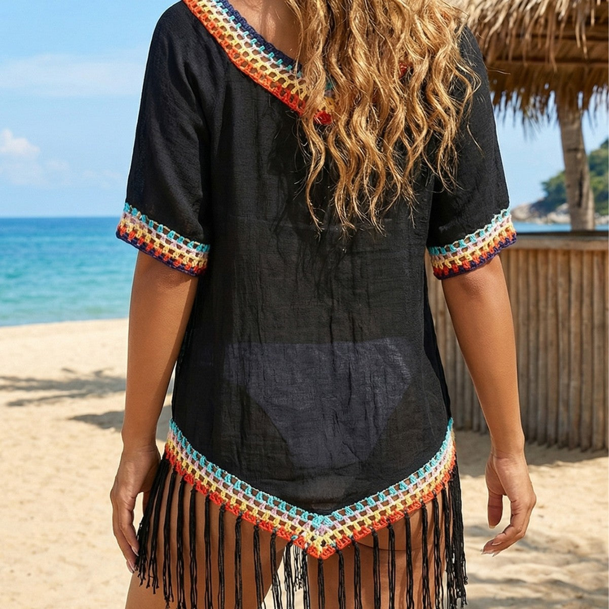 Women Clothing Spring Summer Top Stitching Tassel Beach Sun Protection Clothing Simple All Match Beach Anti Blouse