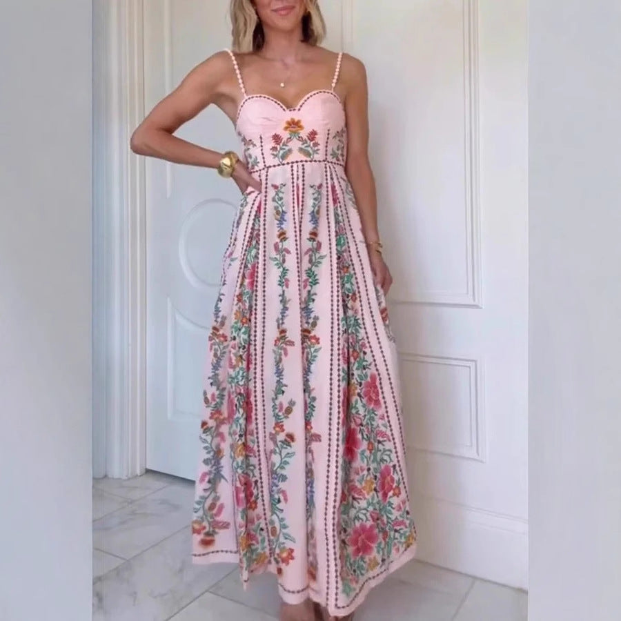 Sexy Decorative Beads Sling Positioning Print Holiday Dress Women