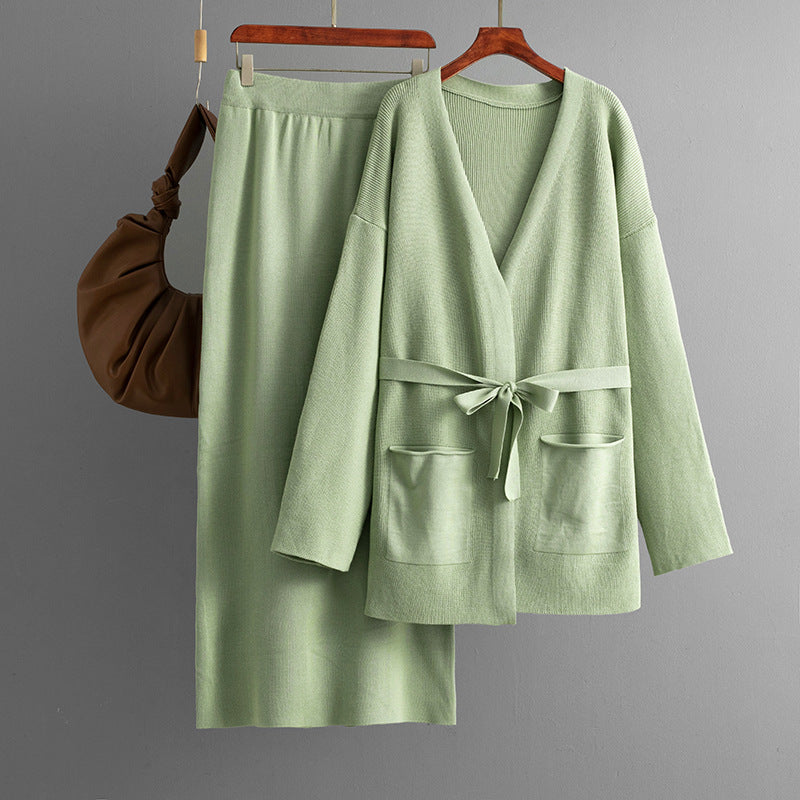 Women Autumn Winter V neck Loose Knitted Lace up Cardigan Skirt Two Piece Set