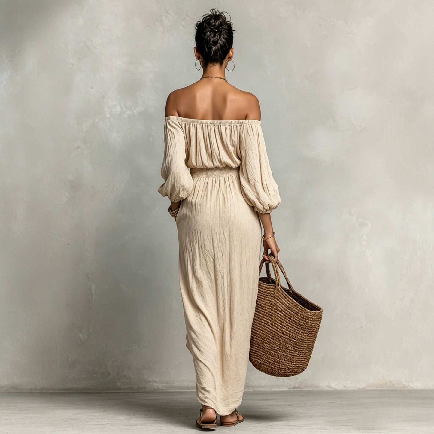 Women Clothing Summer Waist Puff Sleeve Vacation Dress French Casual Dress Apricot off the Shoulder Jumpsuit