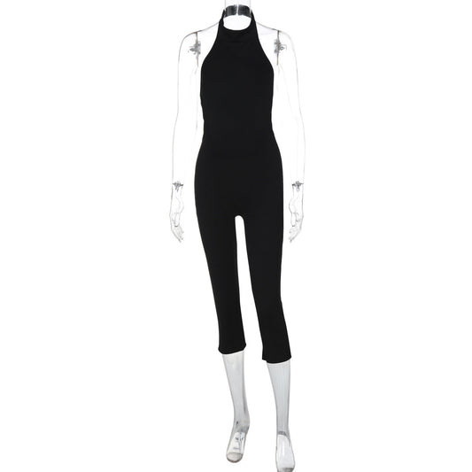 Women Clothing Summer Solid Color Sleeveless Halter Backless Sexy Slim Fit Bodysuit