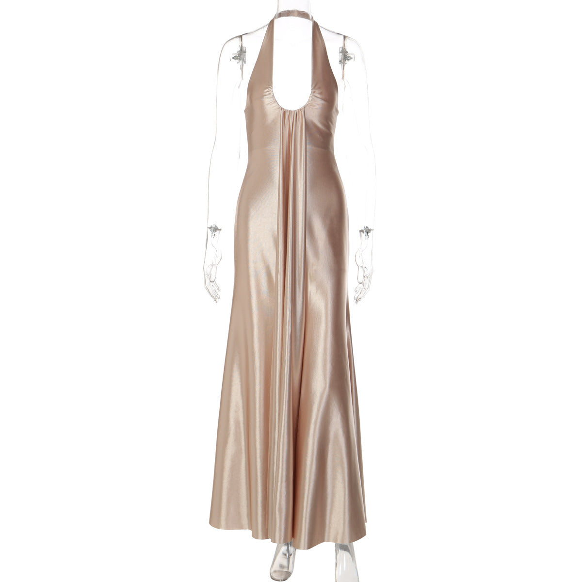 Spring Summer Women Clothing Solid Color Elegant U Collar Halter Backless Slim Dress
