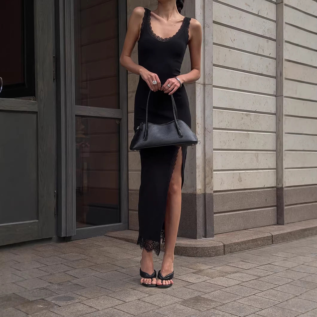 Summer Black Sexy Elegant Lace Slim Fit Patchwork Split Vest Dress Women