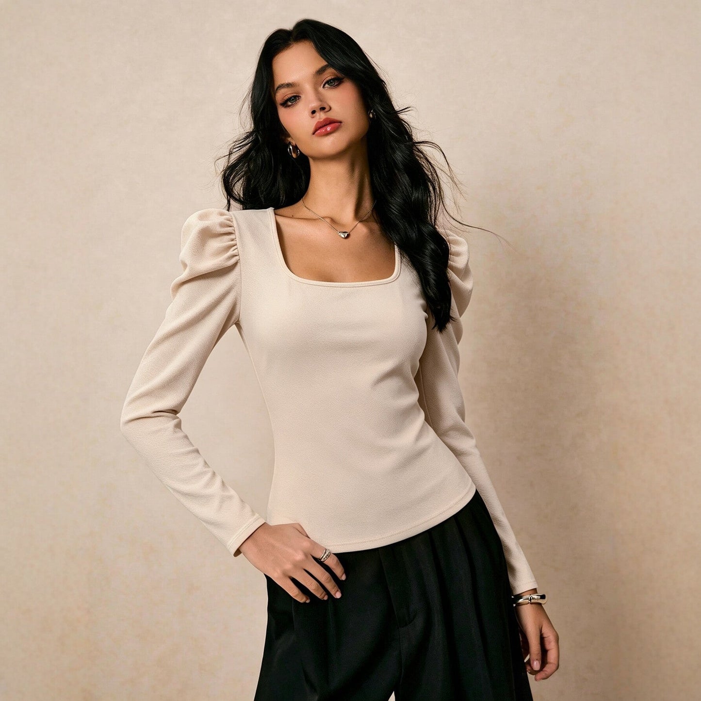 Women Clothing Square Collar Long Sleeved T shirt Women Pleated Waist Tight Slimming Elegant Bottoming Top