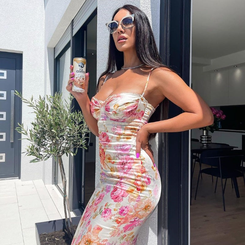 Women Clothing Summer Printing Slim Fit Backless Sling Dress