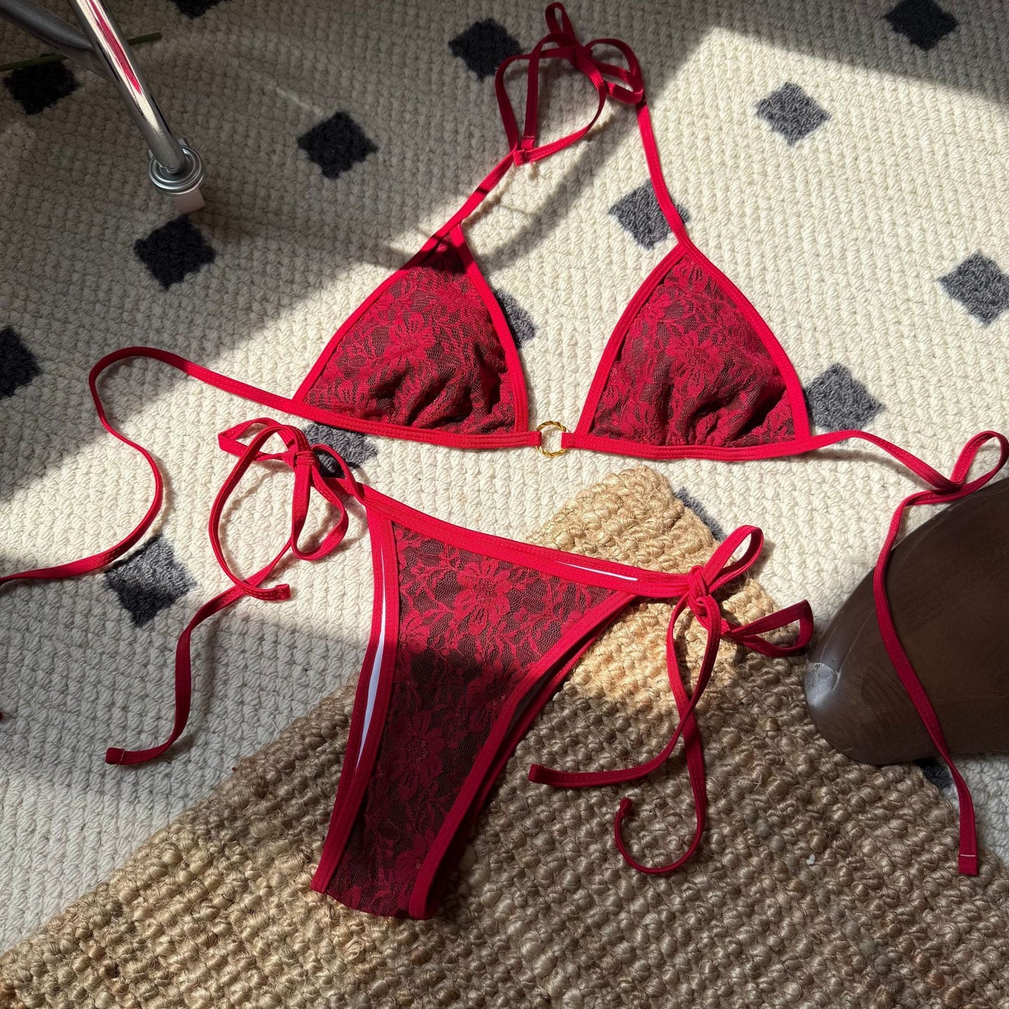 Sexy Lace Triangle Bikini Swimsuit Women Bikini Strap Halter Three Point Swimsuit