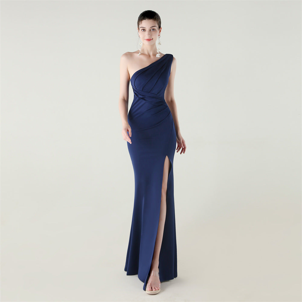 One Shoulder Slim Fit Satin Folding High Slit Sexy Evening Dress Fishtail Dress Dinner Wedding Social Networking