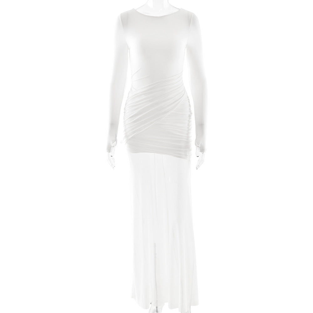 Women Clothing Autumn Winter Voile See through Solid Color Dress Sexy Slim Fit Backless Split Dress