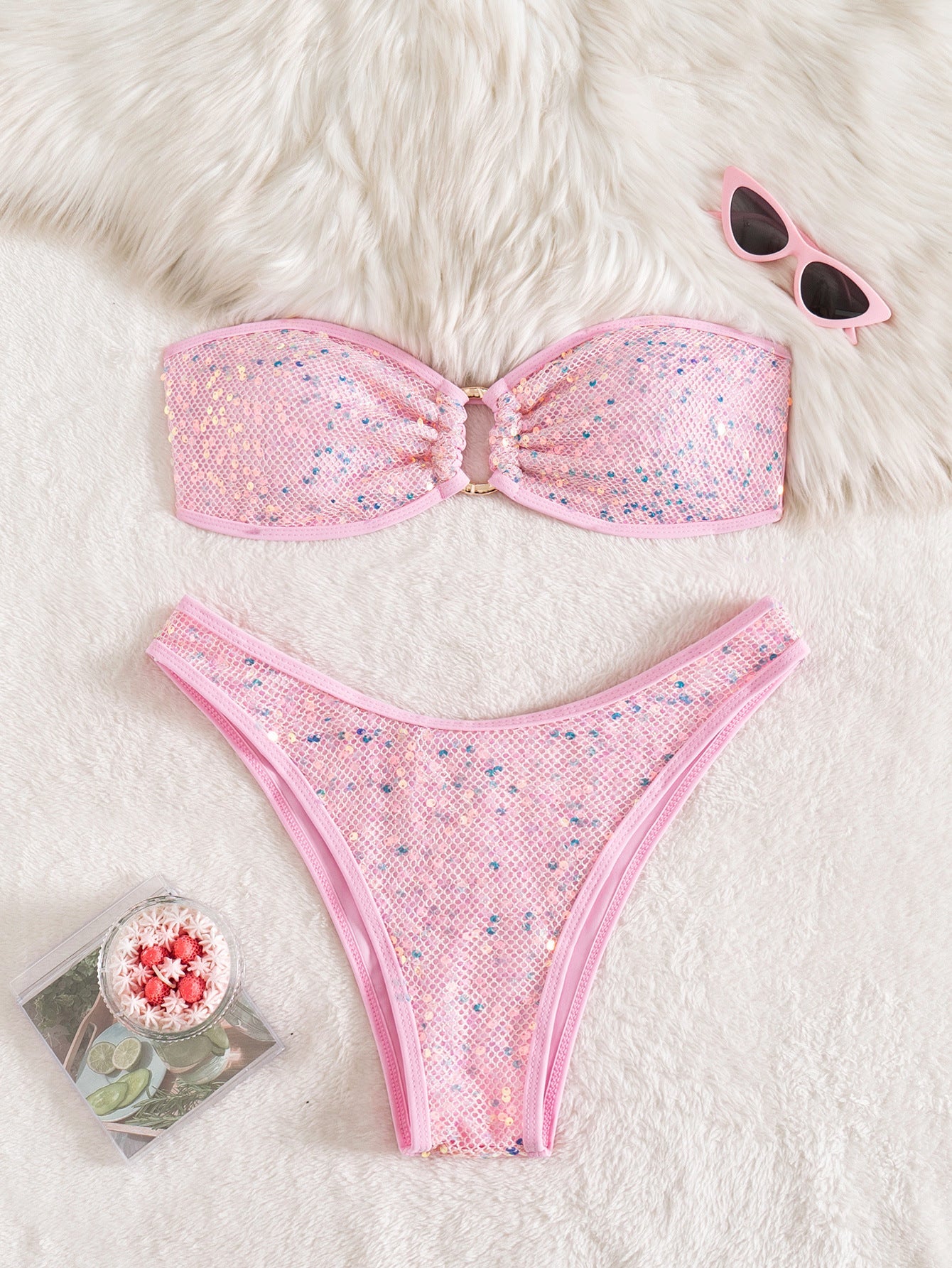 Split Sequ Solid Color Sexy Tube Top Banded Bikini