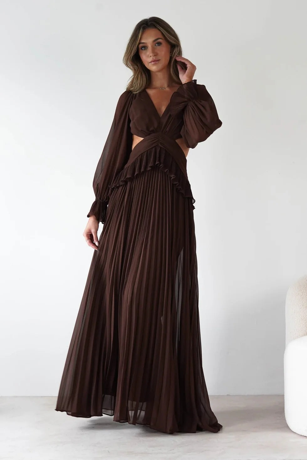 Women Long Sleeve Pleated Waist Tight Backless Dress