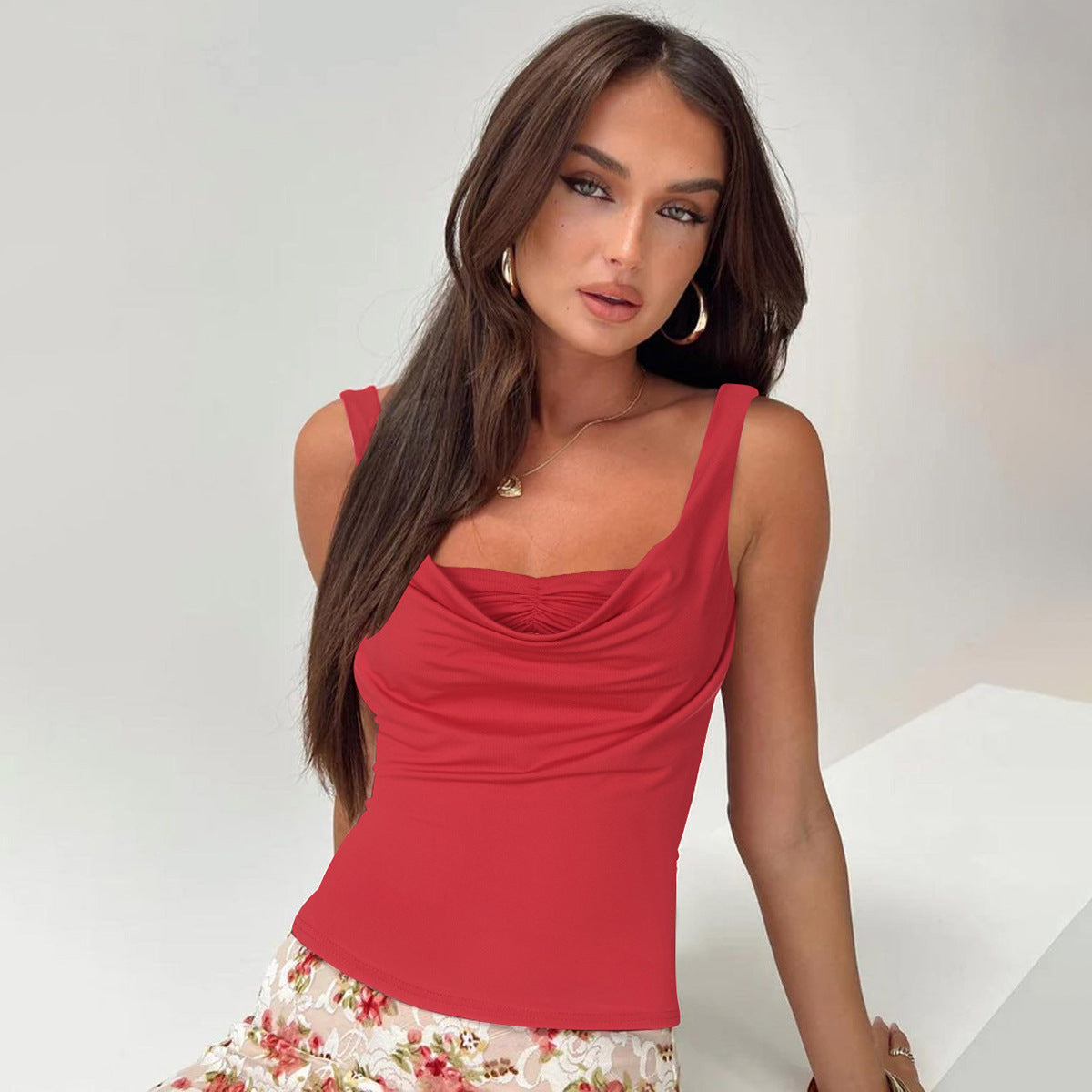 Women Clothing Spring Summer Sexy U Collar Pleated Slim Fit All Match Small Tank Top