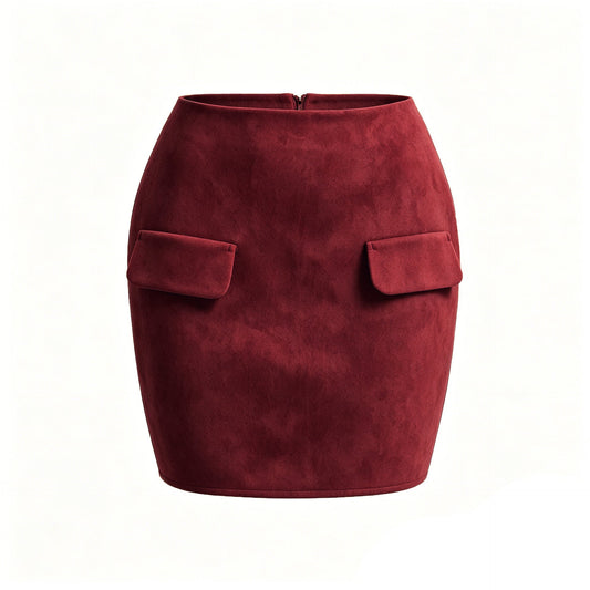 Autumn Winter Women Suede Double Pocket Skirt High Waist Package Hip Zipper Skirt