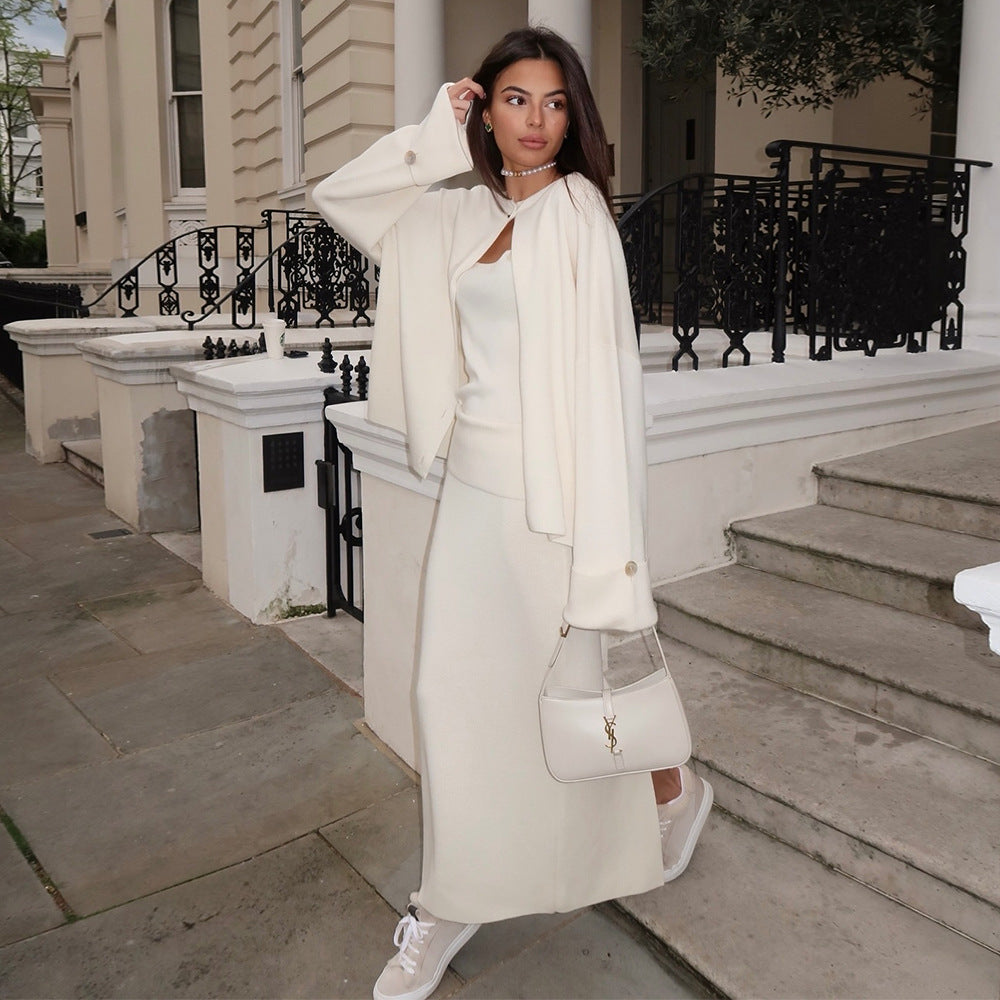Knitted Long Sleeve Cardigan Camisole Skirt Set Women Autumn Winter Sweater Three Piece Set