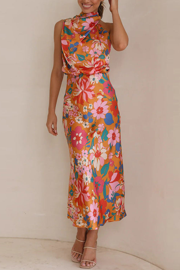 Mature Elegant Women Sleeveless Strap Printing Satin Dress