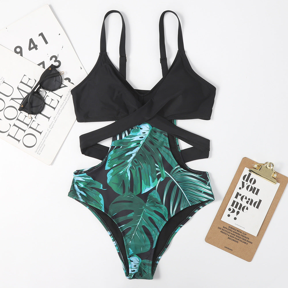 One-Piece Leaf-Shaped Floral Color Matching Women Swimsuit Lace-up Sexy Triangle Bikini