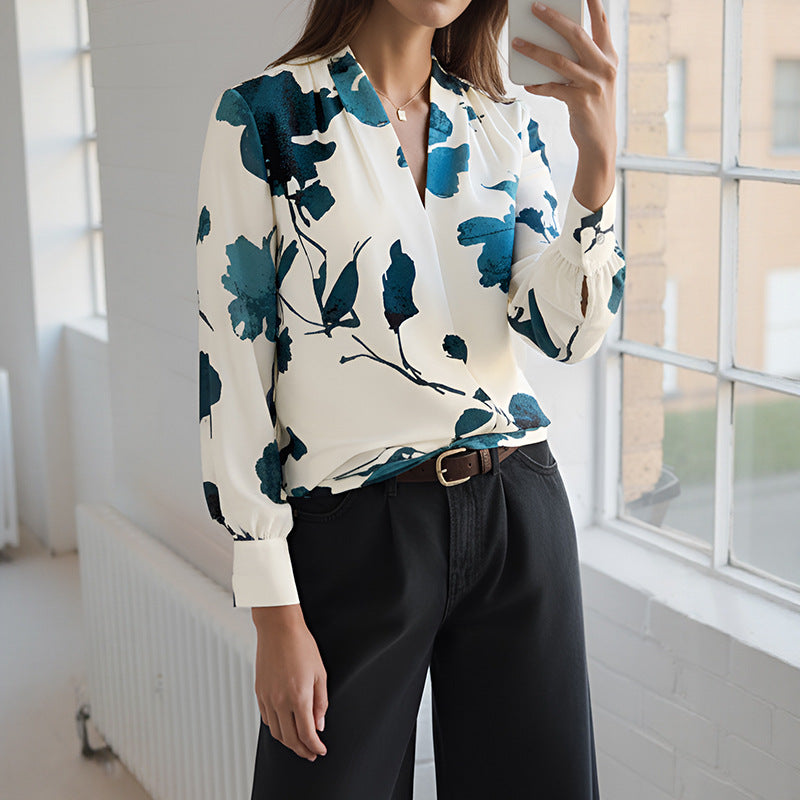Spring Autumn Casual Artistic Shirt Long Sleeve Ink Floral Printed Shirt