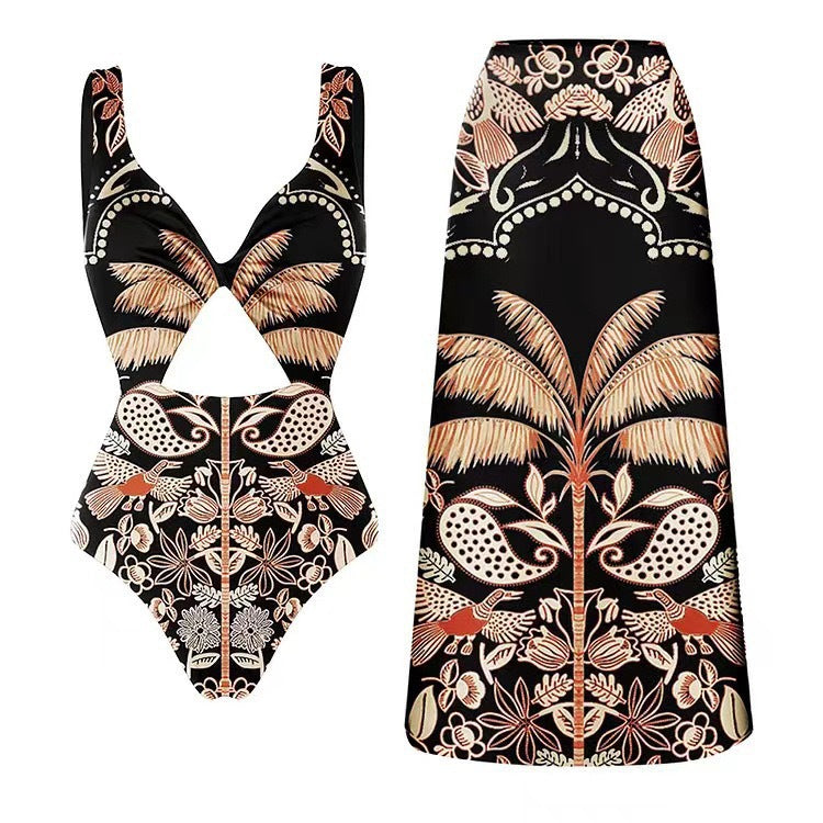Lonkey Swimwear Retro Printed Mesh Trousers Conservative Swimwear Bikini