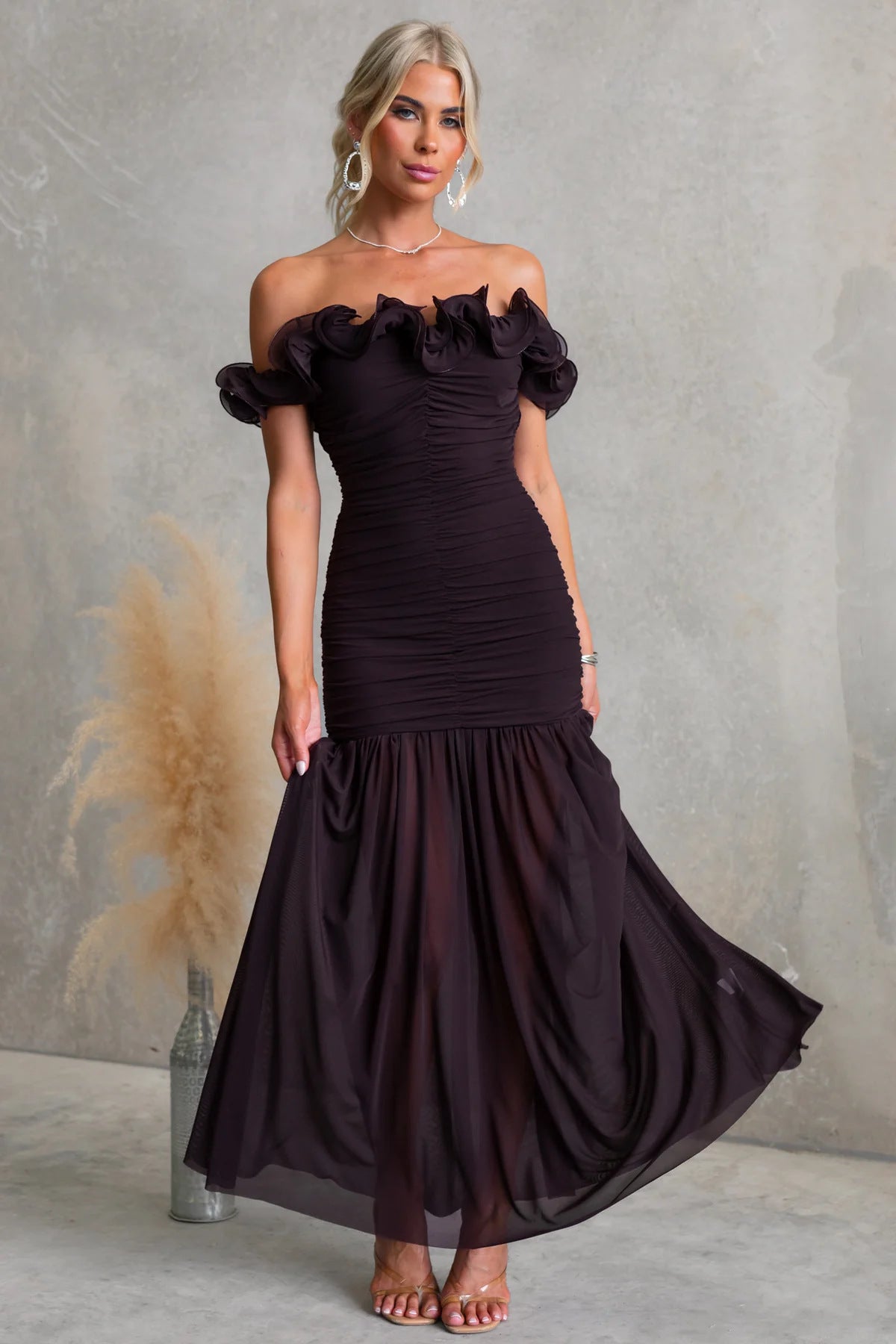 Spring Summer Solid Color Mesh Slim Fit Sexy Vacation off Shoulder Dress
