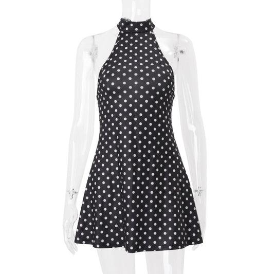 Women Clothing Summer Polka Dot Printed Sexy Backless Waist Trimming Dress