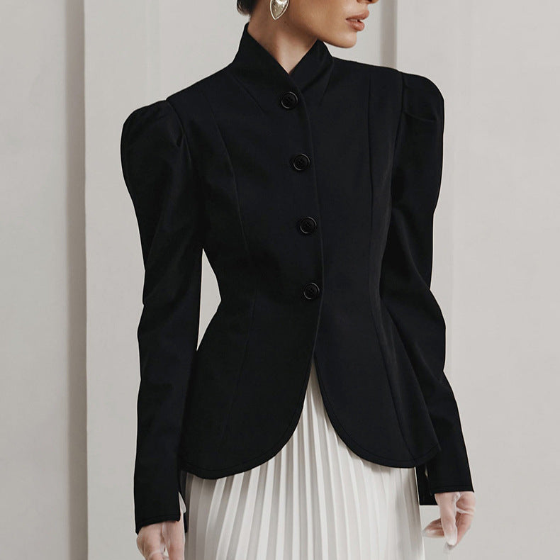 Elegant Retro Black Stand Collar Small Blazers Autumn Winter Elegant Office Puff Sleeve Chanel Coat Women