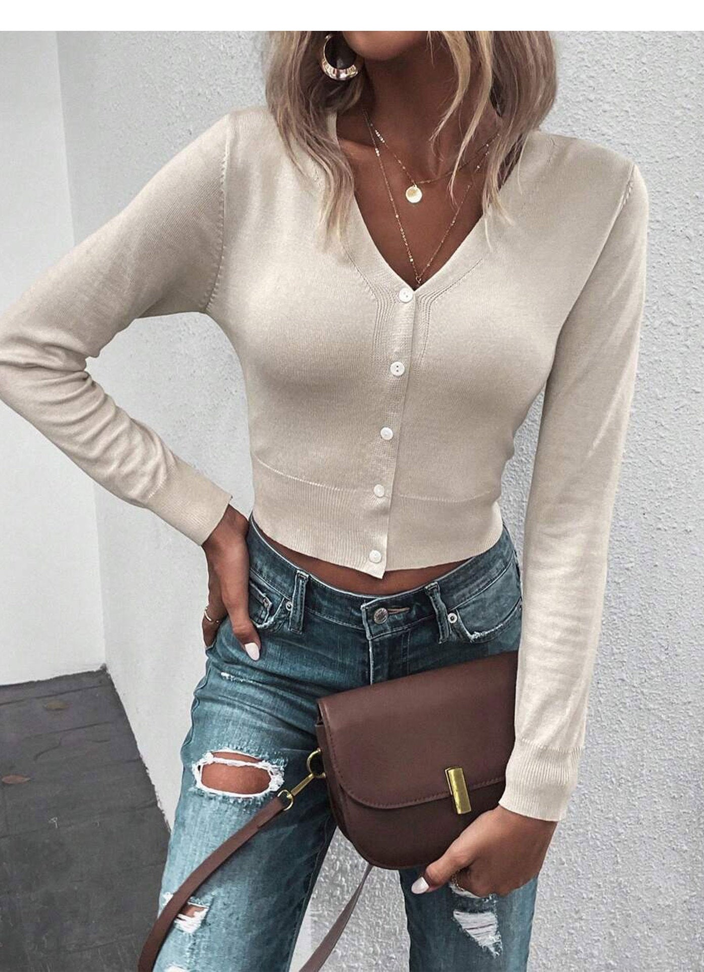 Women Clothing V neck Knitted Cardigan Short Slim Long Sleeve Solid Color Sweater Coat Sexy Top