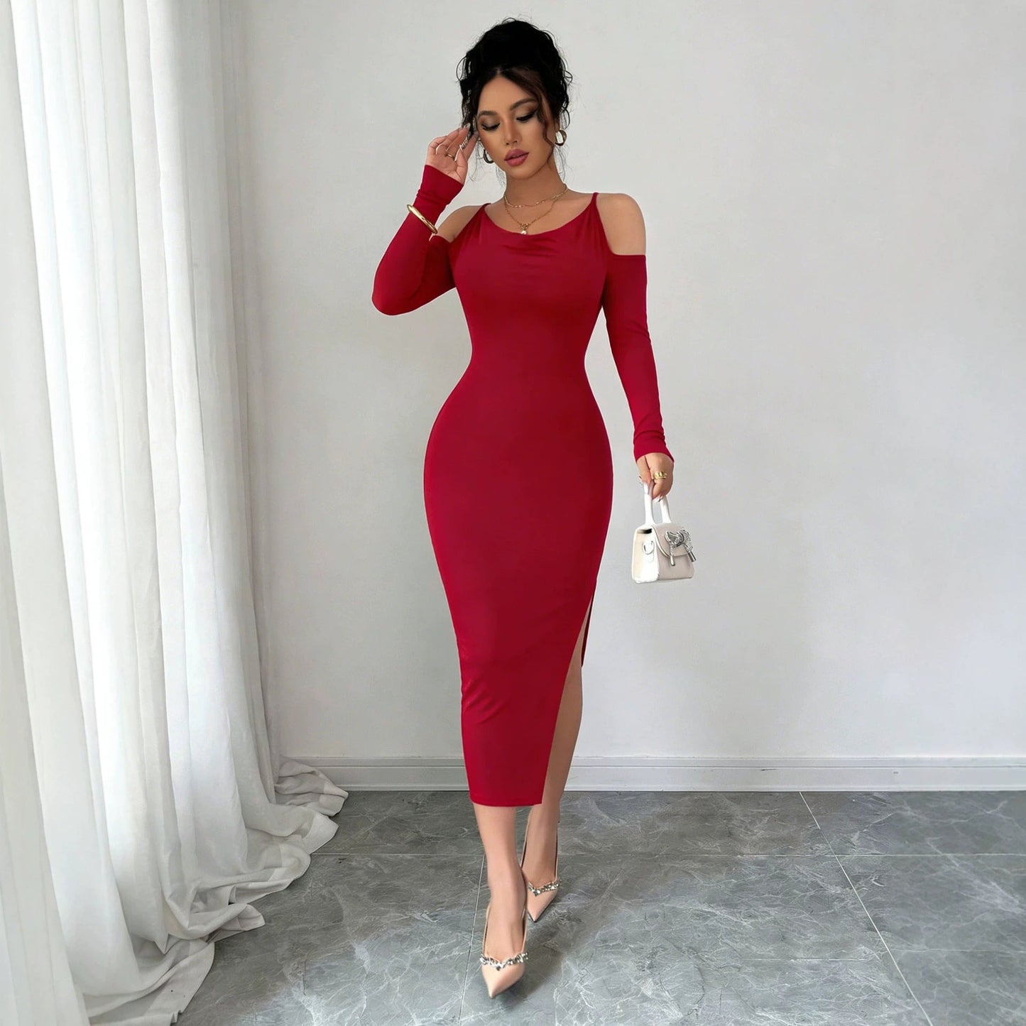 Cross Border Off Shoulder Dress Slimming Slit Bodycon Long Sleeve Formal Mid Length Dress For Banquets