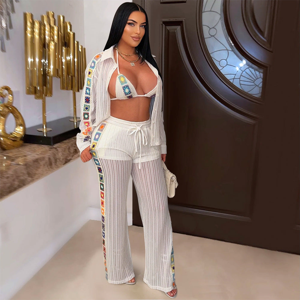 Women Clothing Knitted Sexy See through Hollow Out Cutout Three Piece Sets Casual Beach
