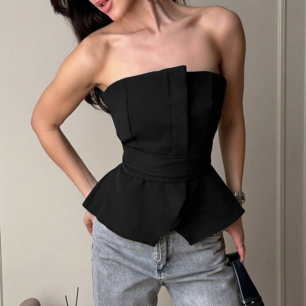 Summer Slim Fit Tied Waist Tube Top Fashionable with Side Slit Vest Women Clothing