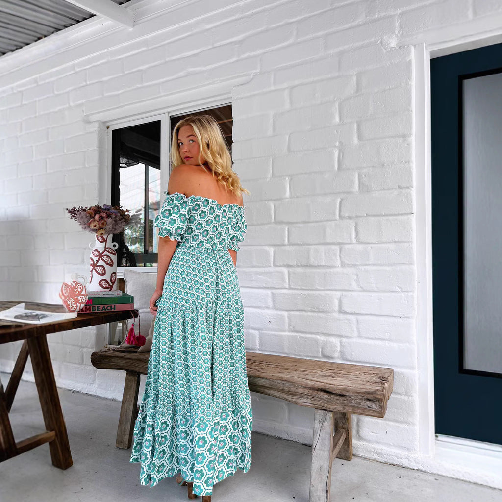 Women Clothing Printed Puff Sleeve Large Swing Dress