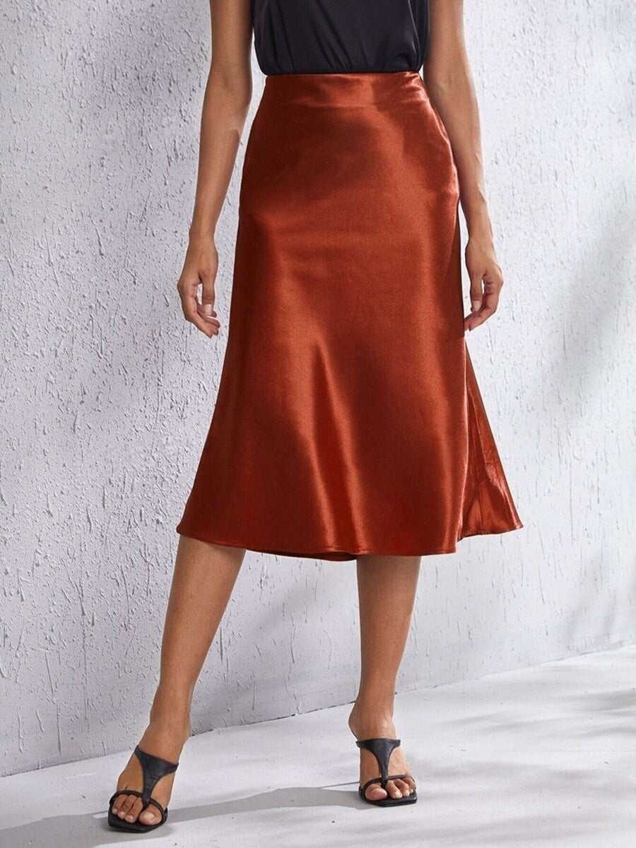 High Waist Satin Skirt Autumn Winter Women Midi Skirt Zipper Satin Skirt