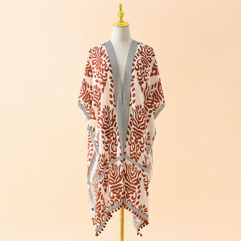 Spring Summer Striped Floral Print Pattern Chiffon Sun Protective Blouse Ball Decorative Cardigan