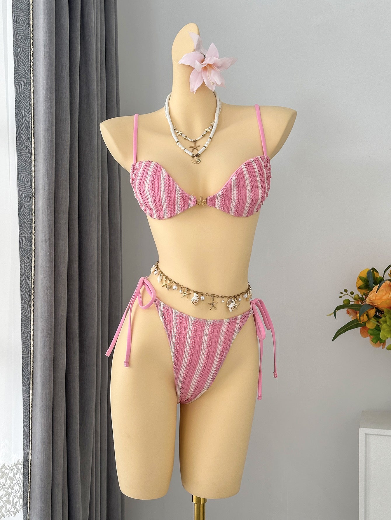 Sexy Striped Halter Lace up Beach Vacation Tube Top Bikini Split Swimsuit Bikin
