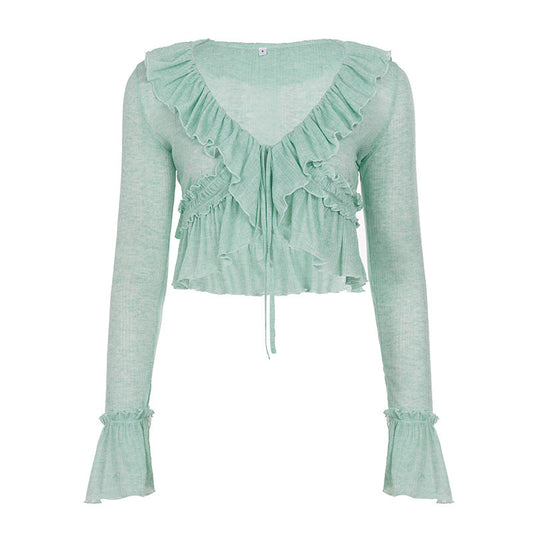 Women Streetwear Solid Color Semi See through Ruffled Tied Cardigan Irregular Asymmetric Long Sleeve V neck Blouse