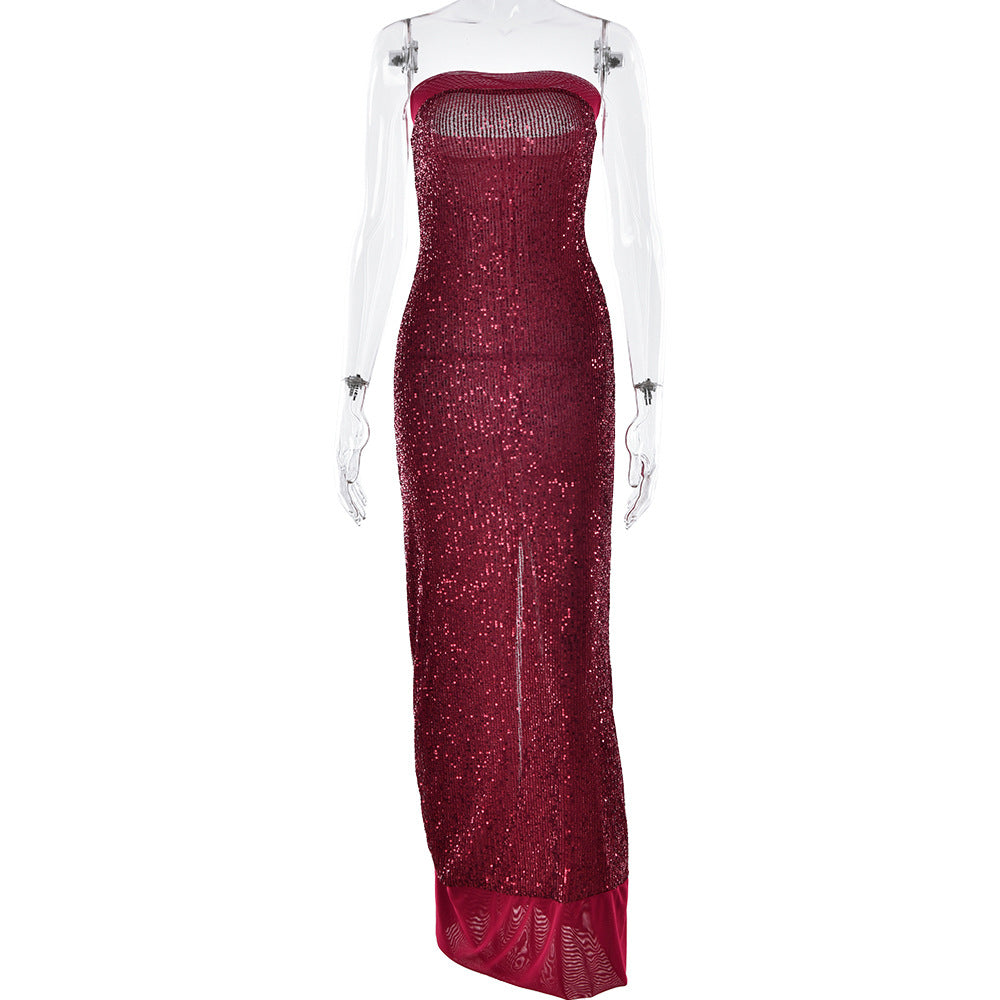 Sexy Women Clothing Evening Dress Elegant Bandeau Slim Fit Maxi Dress Sequined Split Backless Dress