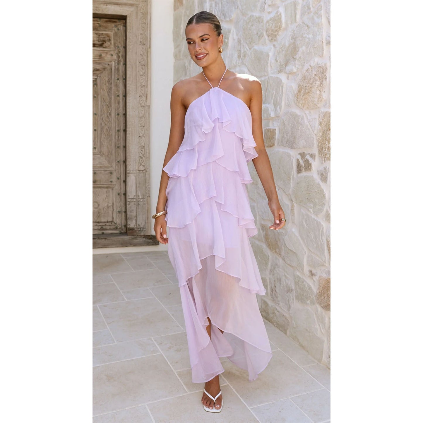 Spring Summer Ruffled Elegant Halter Solid Color Cake Chiffon Dress