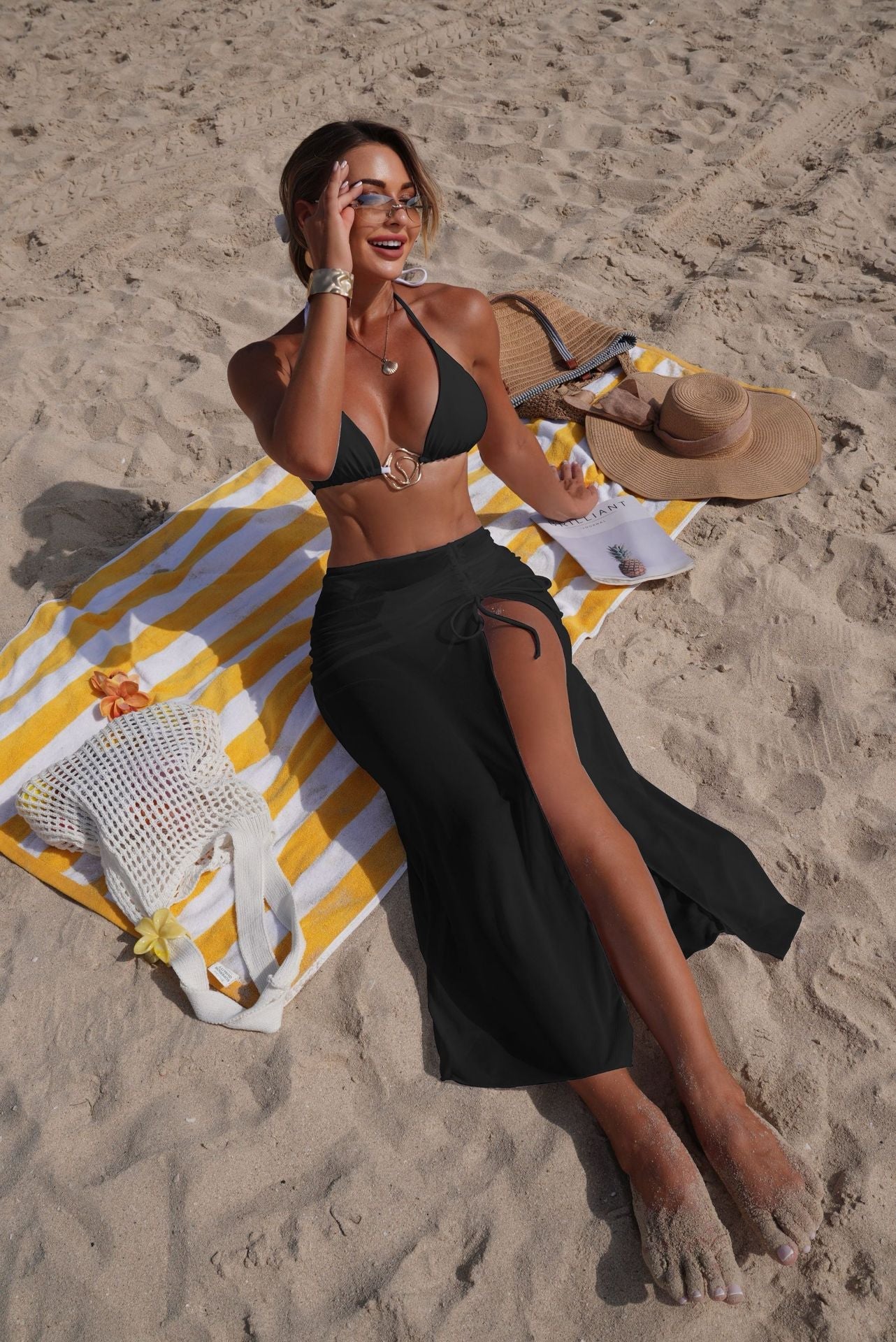 Solid Color Beach Sun Protection Tulle Skirt Sexy Three Piece Set Bikini Split Swimsuit