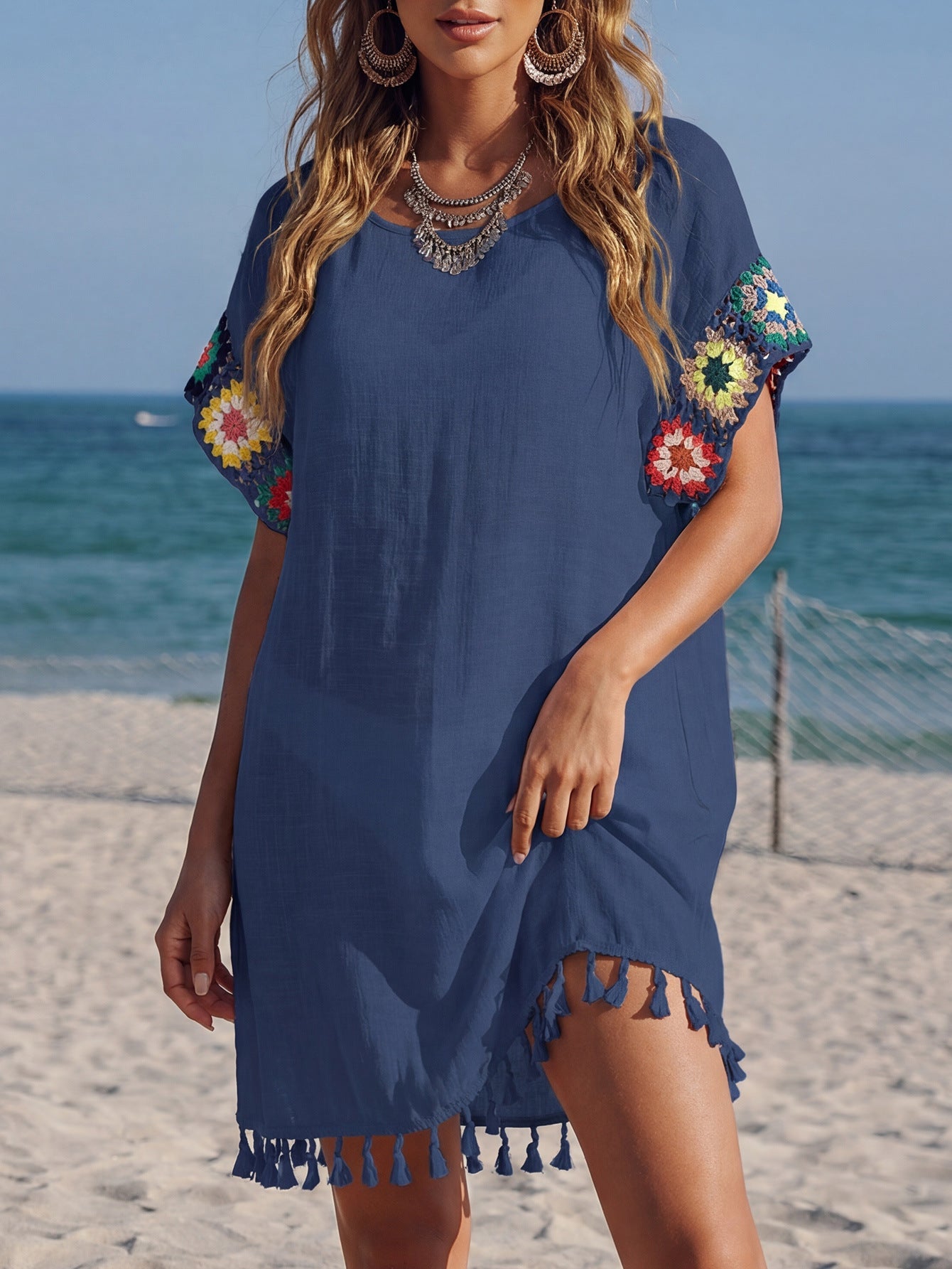Women Beach Cover up Random Mixed Color Crochet Stitching Tassel Dress Bikini