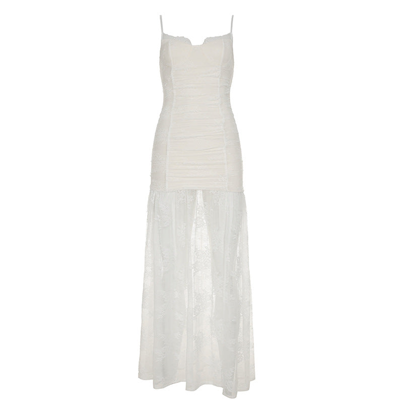 Women Clothing See through Lace Split Pleated Sling Elegant Dress Holiday Sheath Dress