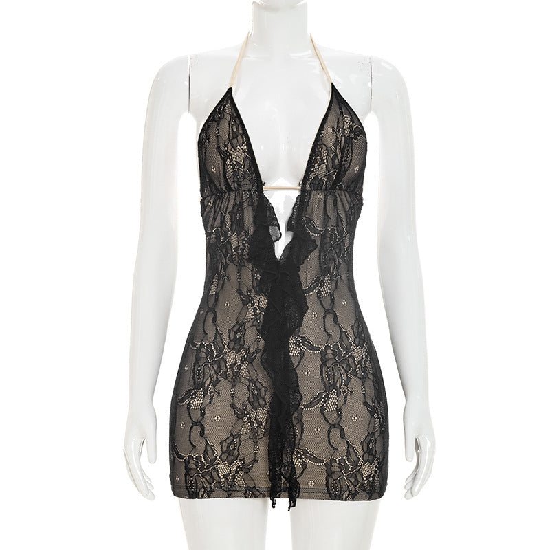 Women Clothing Summer Solid Color Sexy Hollow Out Cutout Out Backless Sleeveless Lace Mini Short Dress