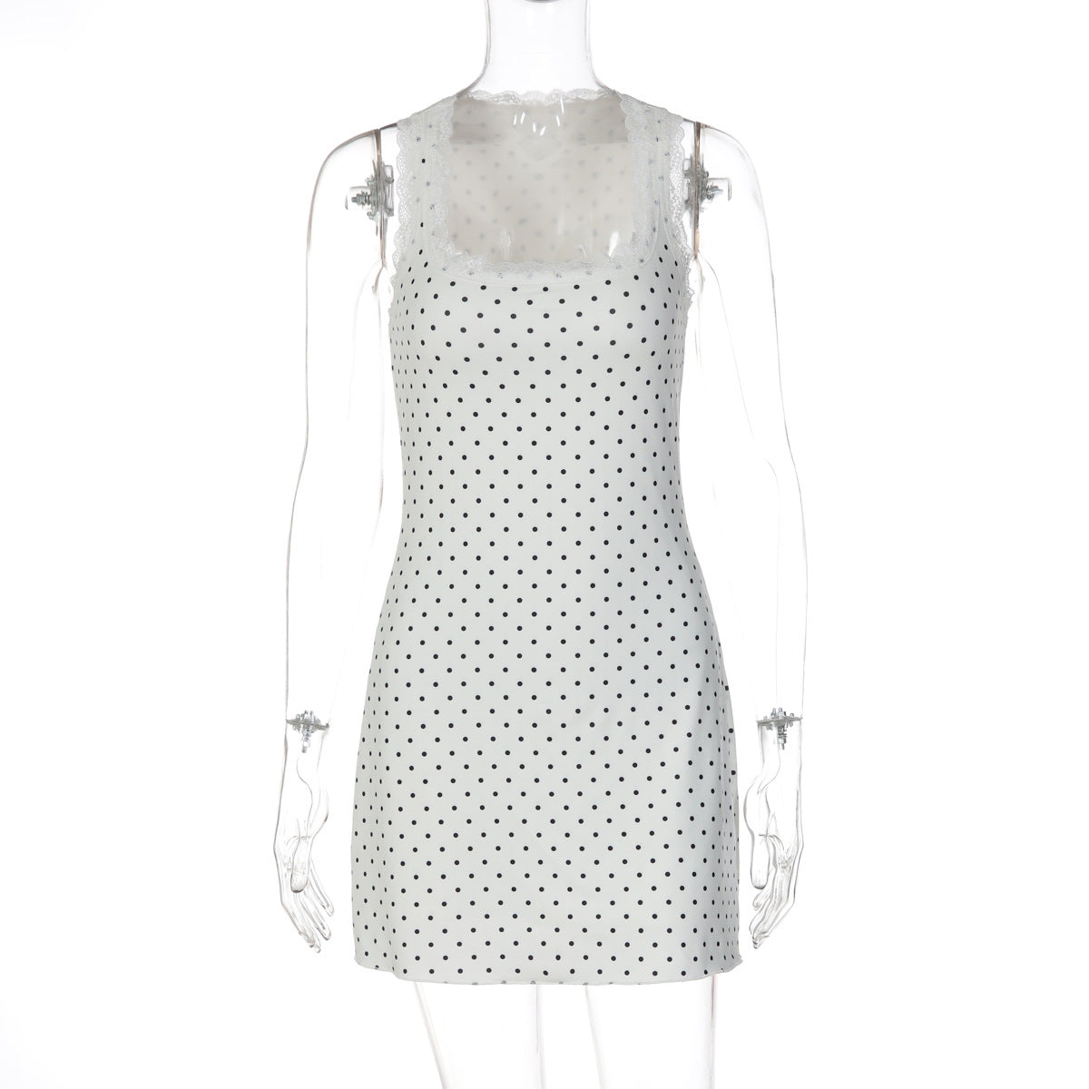 Polka Dot Lace Patchwork Dress Summer Sexy Short Sleeveless Slim Fit Bodycon Dress