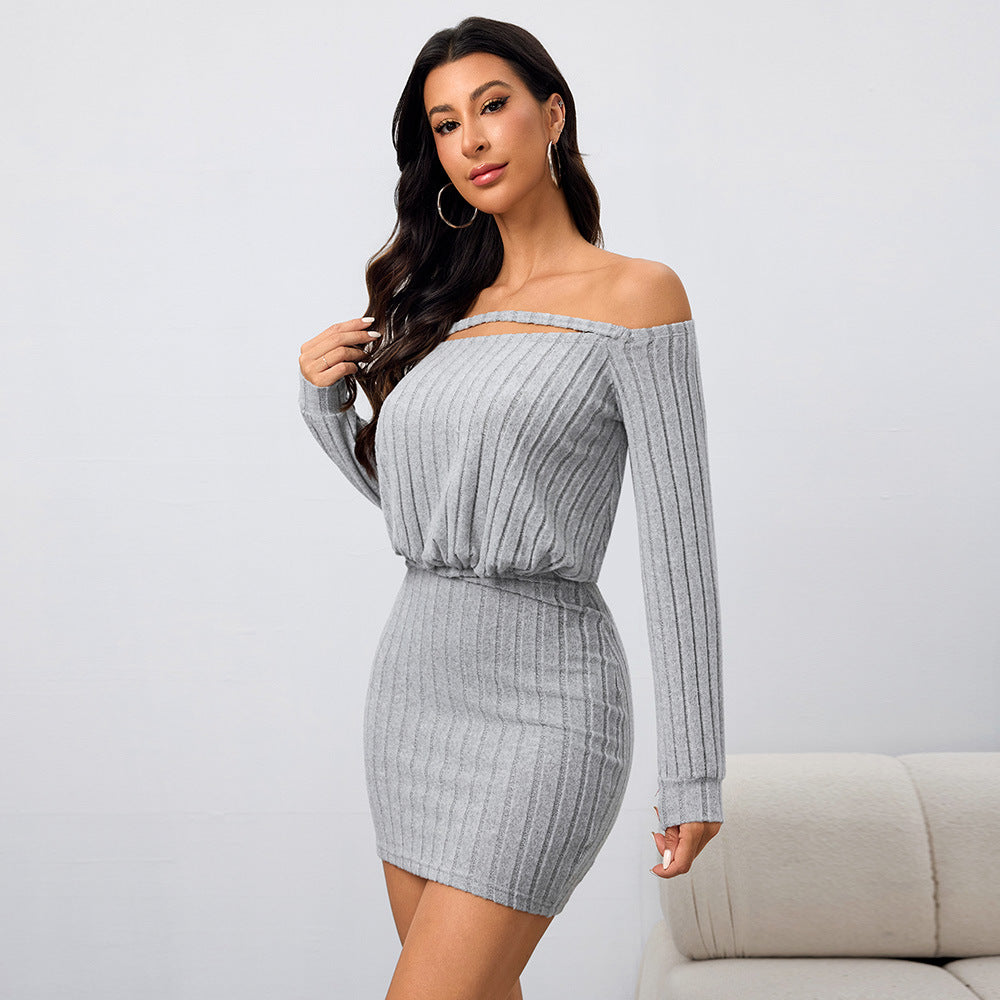 Autumn Winter Women Clothing Sexy off Shoulder Collar Dress Slim Fit Hip Wrapped Short Dress