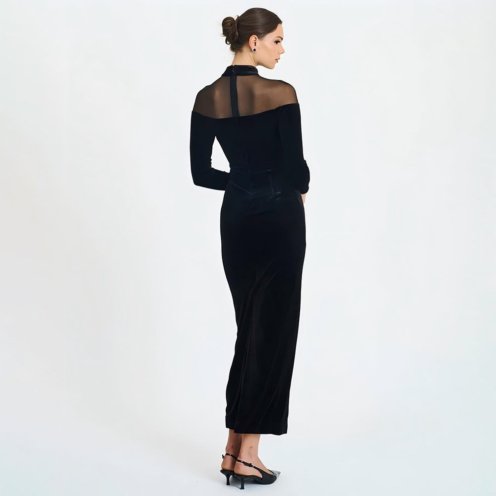 Autumn Winter Wear Voile See through Stitching Dress Sexy Tight Solid Color Dress