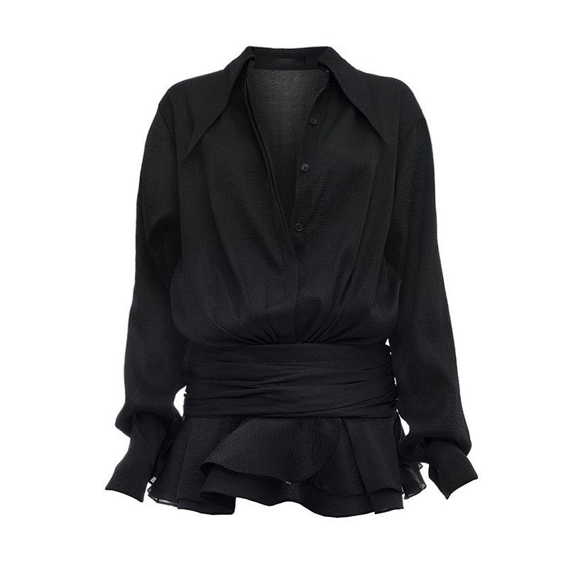 Dress Women Summer Polo Collar Solid Color Mesh Pleated Slim Design Long Sleeve Short Dress