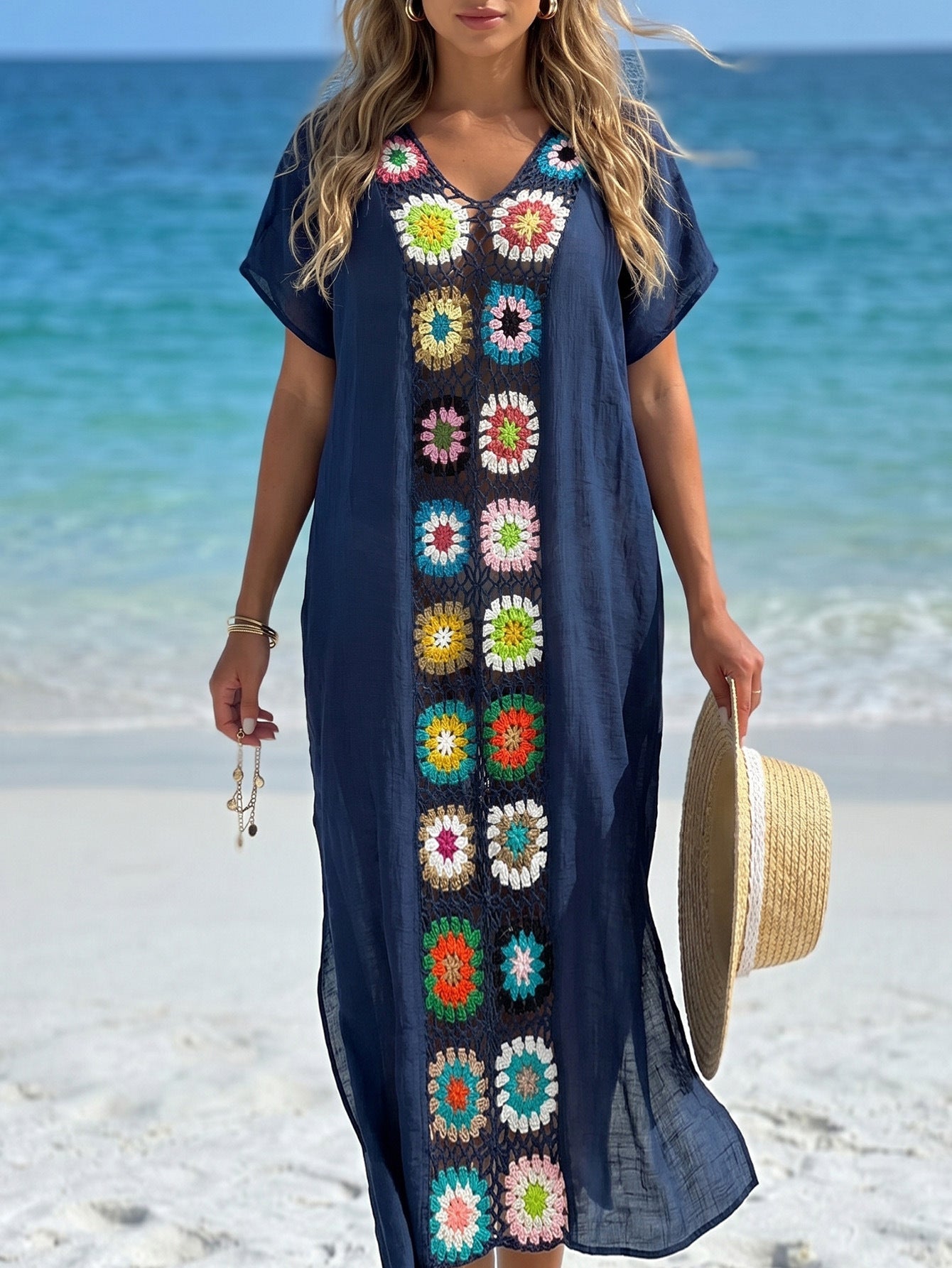Women Clothing Crocheted Random Mixed Color Stitching Sexy Beach Blouse