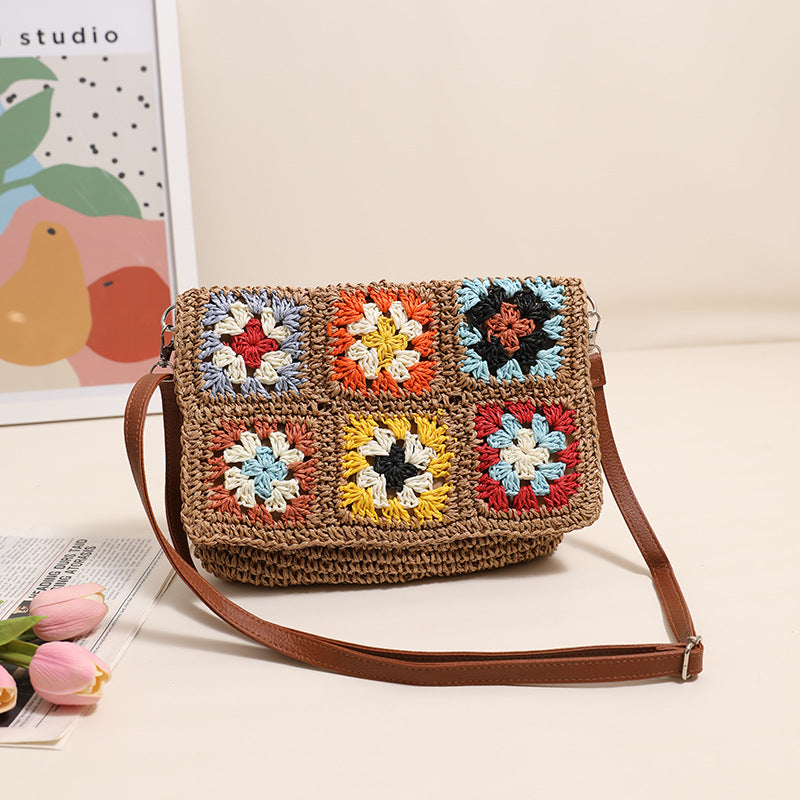 Sources Grandma Plaid Crossbody Straw Bag Contrast Color One Shoulder Straw Bag Woven Bag Women Beach Bag