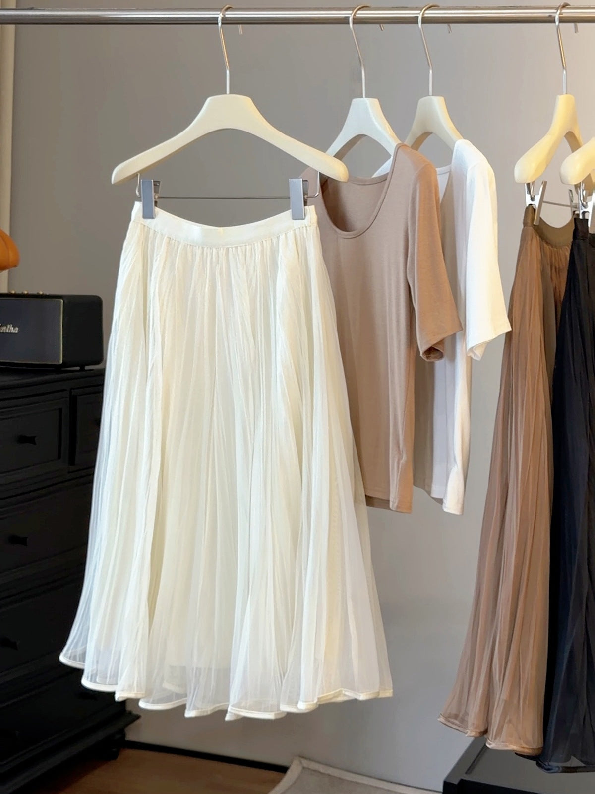 French Gentle Pleated Skirt Women Summer High Waist Drape Streamer A line Large Hem Midi Skirt
