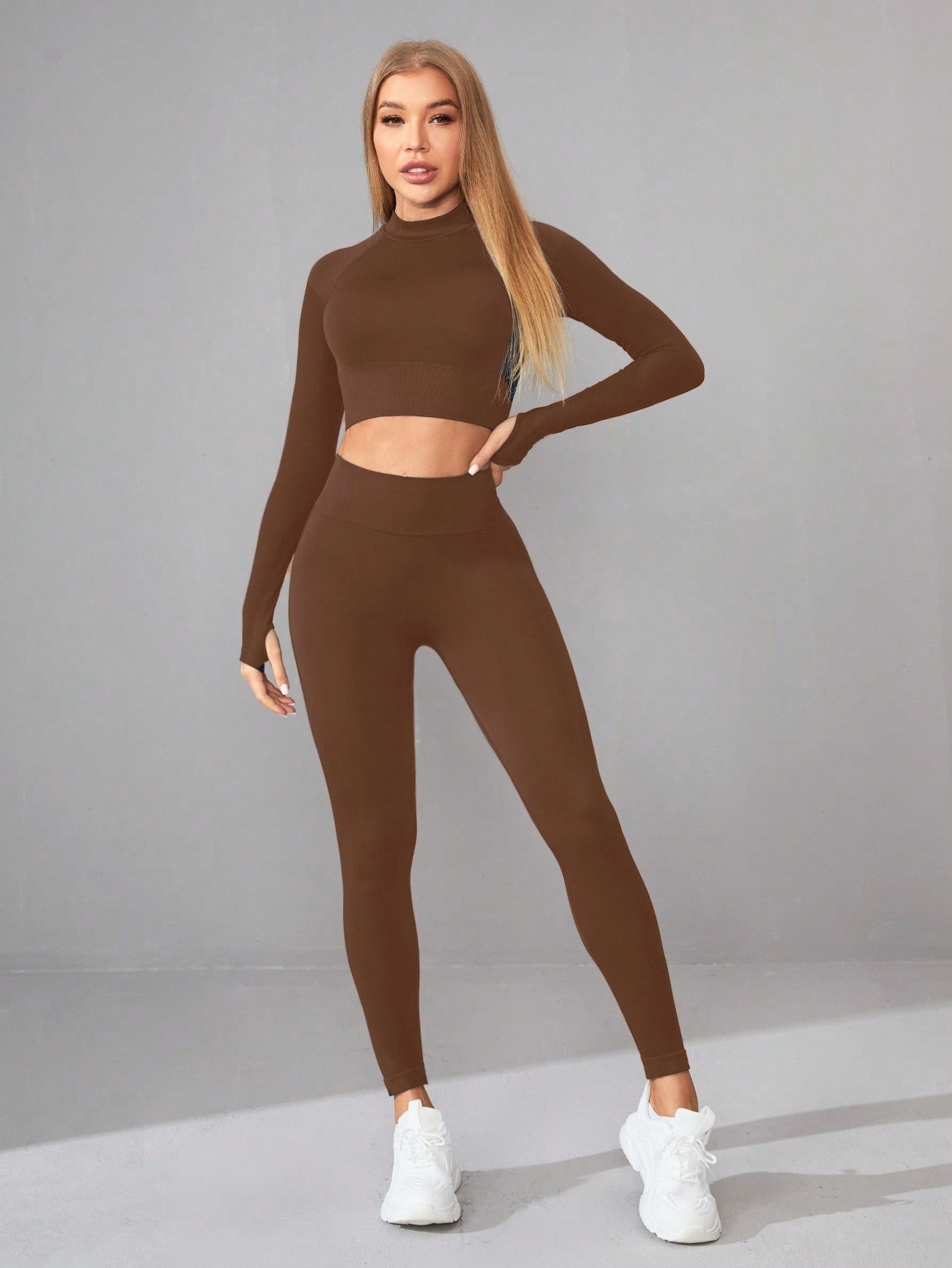 Seamless Yoga Clothes Women Long Sleeved Sports Top High Waist Hip Lift Sports Tights Trousers Set