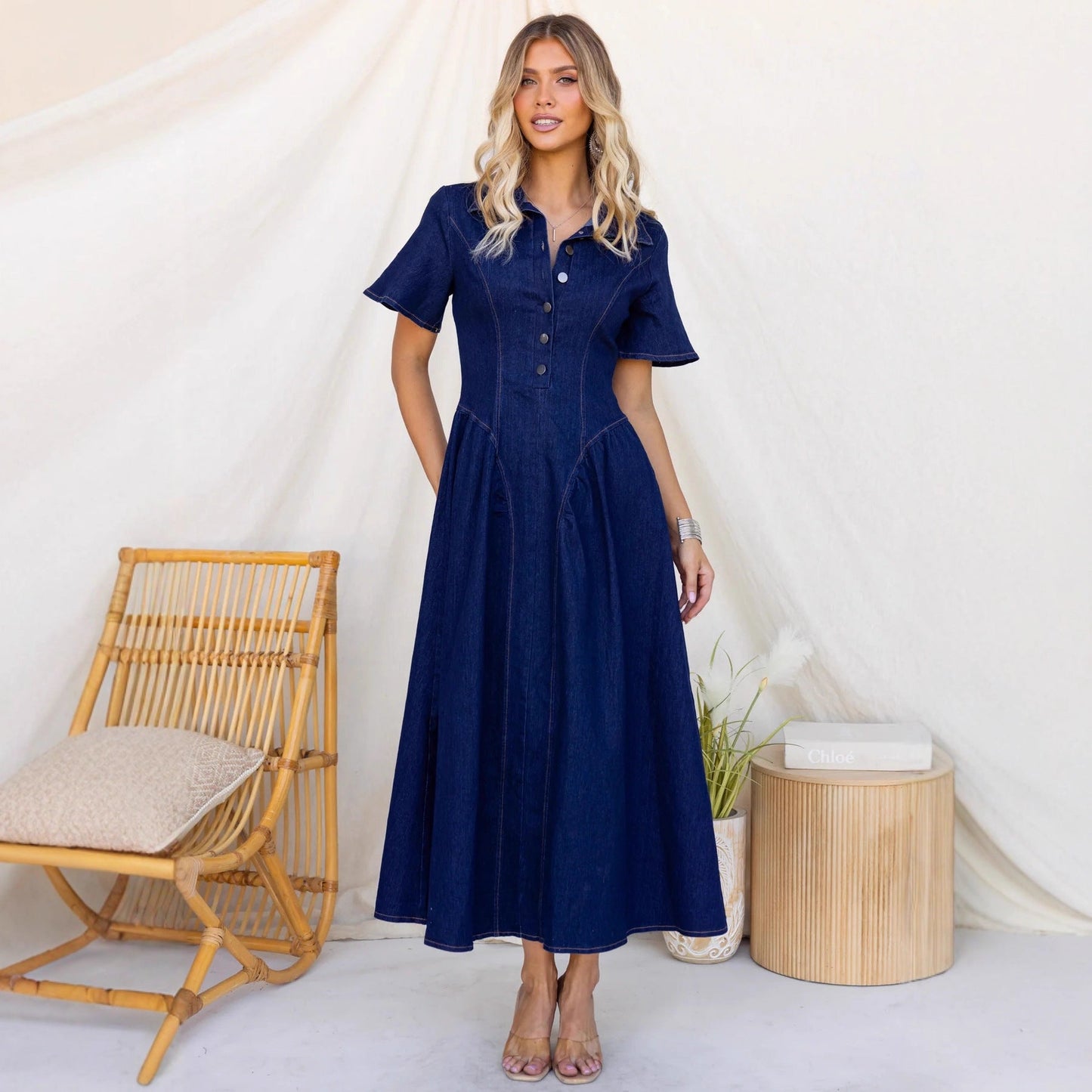 Spring Elegant Waist Women Denim Short Sleeve Large Swing A line Dress