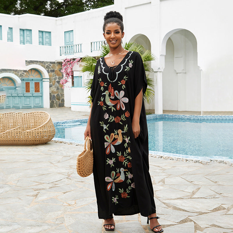 Embroidered Beach Cover up Maxi Dress Embroidered Casual Vacation Dress Women Bikini Swimsuit Outwear Blouse